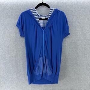 SPLENDID Women's S Short sleeve Zip Up Hoodie Blue White Stripes Nautical Soft